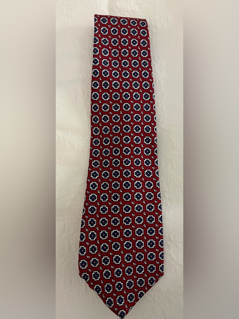 Men’s Polo by Ralph Lauren Red Geometric Silk Tie with Blue and White Accents